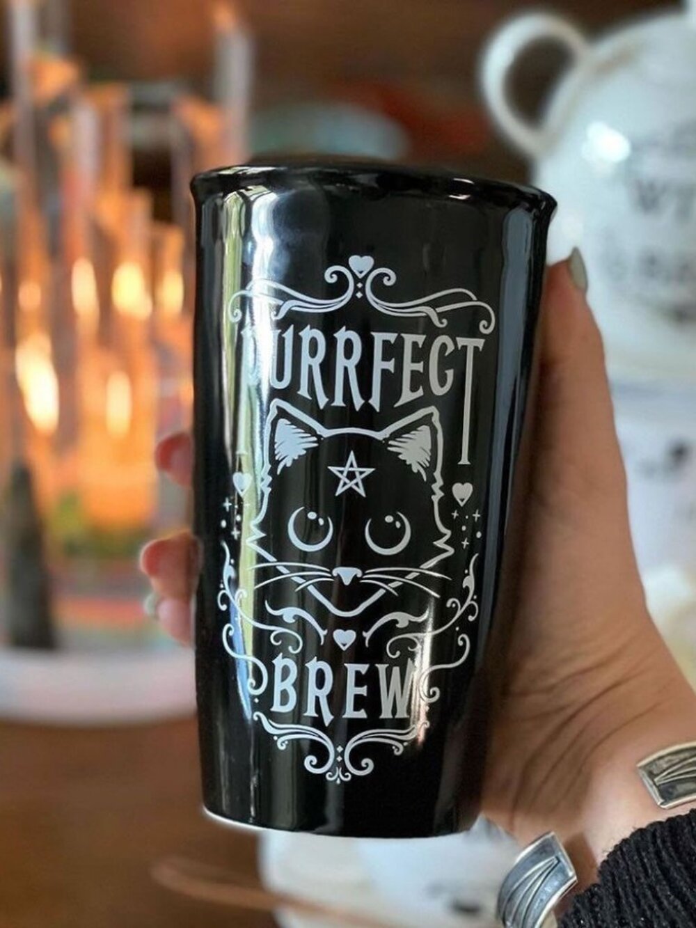 Alchemy Gothic ✦ Purrfect Brew Travel Mug ✦ Ceramic Double-Wall Tumbler Black